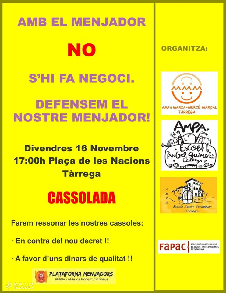 Cassolada reivindicativa a Tàrrega contra el nou decret de menjadors escolars