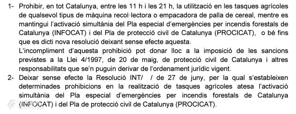 El Govern aixeca parcialment la prohibició de segar i la limita entre les 11 del matí i les 9 del vespre