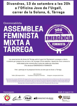 Tàrrega acollirà demà divendres 13 de setembre l'Assemblea Feminista Mixta oberta a tota la ciutadania