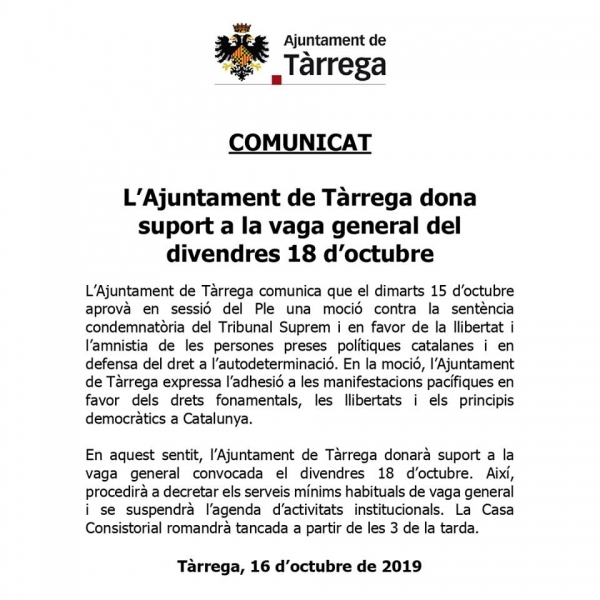 L’Ajuntament de Tàrrega dona suport a la vaga general del divendres 18 d’octubre