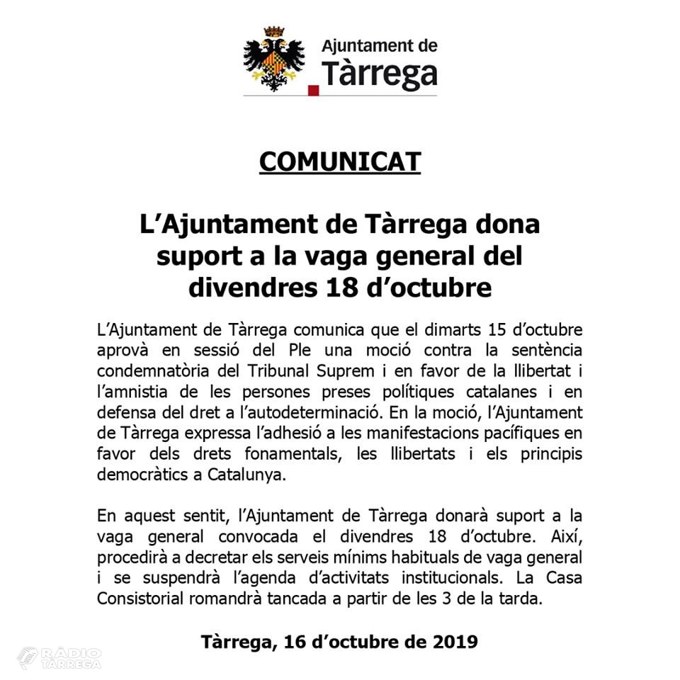 L’Ajuntament de Tàrrega dona suport a la vaga general del divendres 18 d’octubre