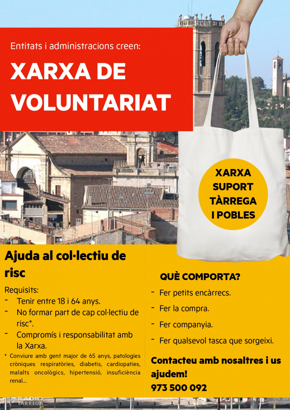 Neix la Xarxa de Voluntariat de Tàrrega i Pobles, iniciativa solidària per ajudar a atendre gent que visqui dificultats pel coronavirus