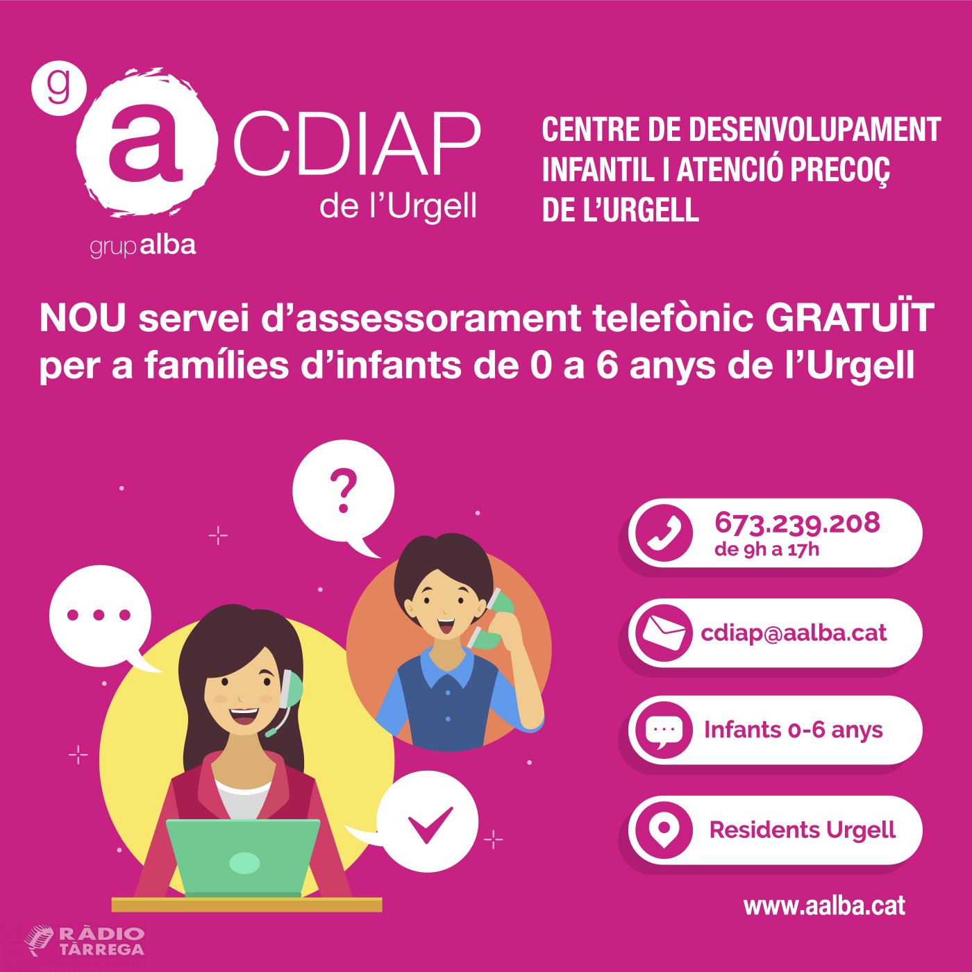 El CDIAP del del Grup Alba ofereix suport telefònic gratuït a les famílies amb infants de 0 a 6 anys de l'Urgell