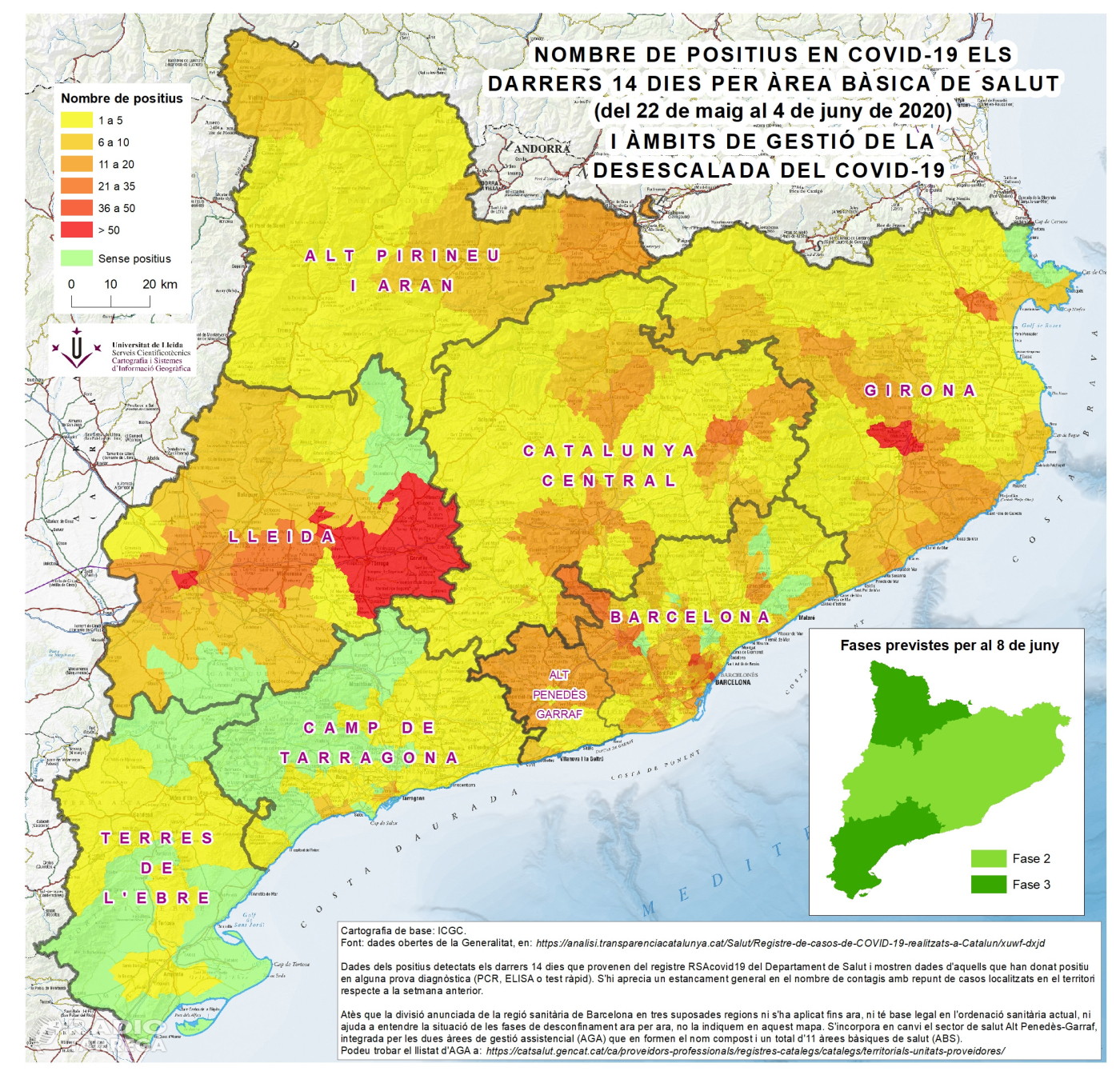 El darrer mapa del Servei Cientificotècnic de Cartografia i SIG de la Universitat de Lleida mostra que la COVID19 es resisteix a marxar