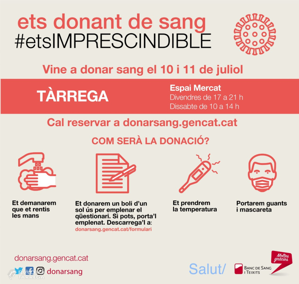 Tàrrega mostra la seva solidaritat vers la donació de sang amb una nova campanya especial els dies 10 i 11 de juliol