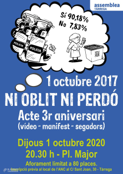 L'ANC de Tàrrega commemorarà avui el tercer aniversari de l'1-O del 2017