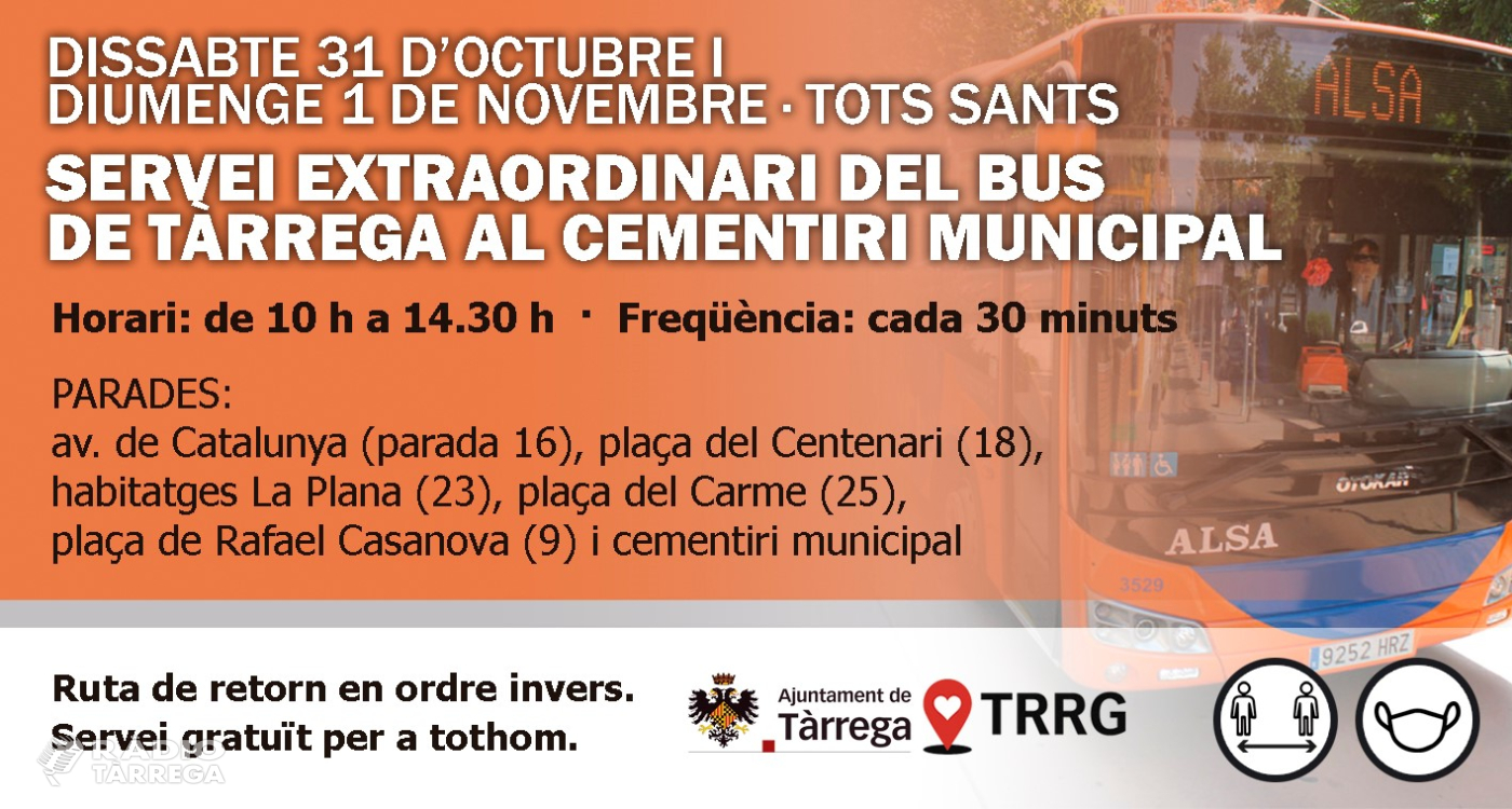 L'Ajuntament de Tàrrega amplia el servei gratuït del bus urbà de Tots Sants per facilitar visites esglaonades al cementiri
