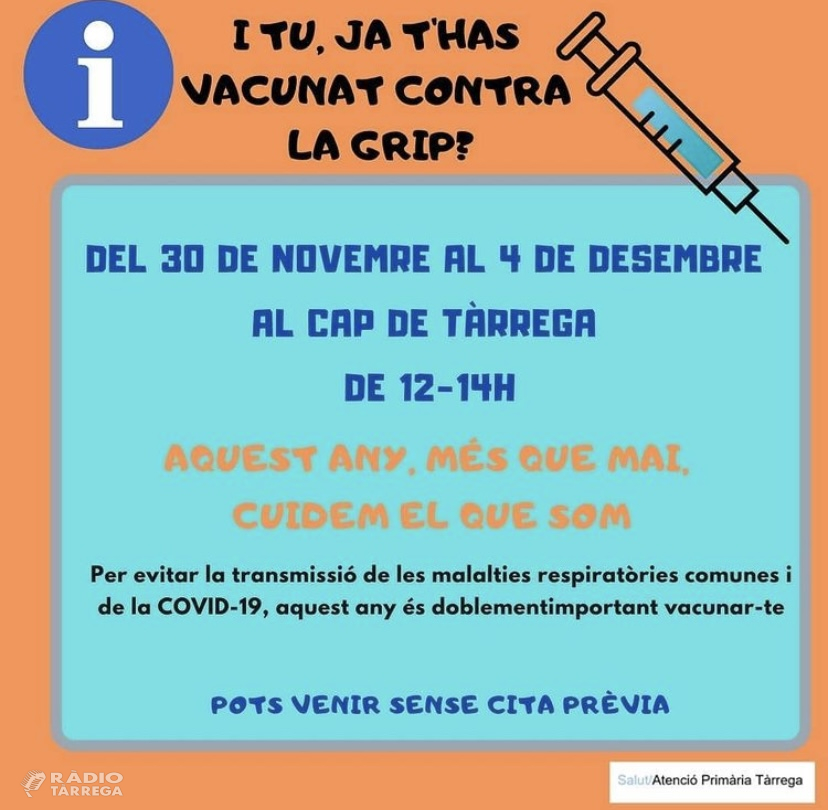 El CAP de Tàrrega fa una nova crida a la població a vacunar-se contra la grip estacional fins el proper 4 de desembre