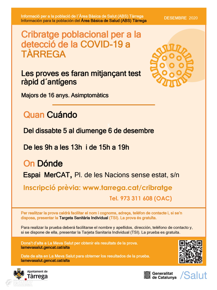 Franges horàries encara disponibles per demanar cita prèvia al cribratge poblacional que el Departament de Salut realitzarà a Tàrrega els dies 5 i 6 de desembre