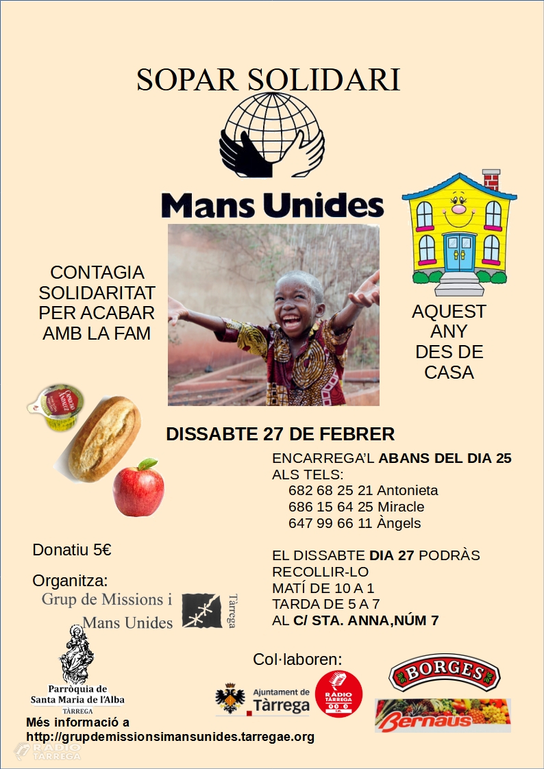 Mans Unides organitza un sopar virtual solidari el proper 27 de febrer