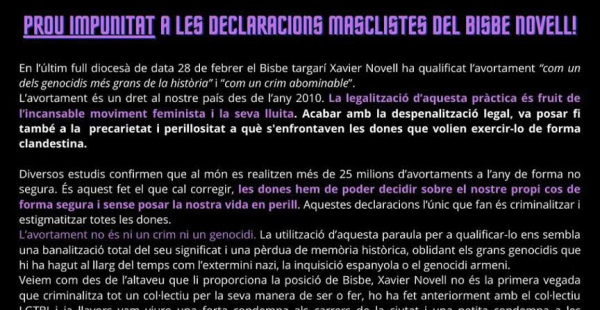 Deu entitats targarines signen un manifest en rebuig a les declaracions fetes pel Bisbe de Solsona i demanen una condemna per part de les institucions i partits