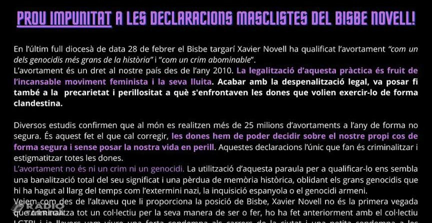 Deu entitats targarines signen un manifest en rebuig a les declaracions fetes pel Bisbe de Solsona i demanen una condemna per part de les institucions i partits