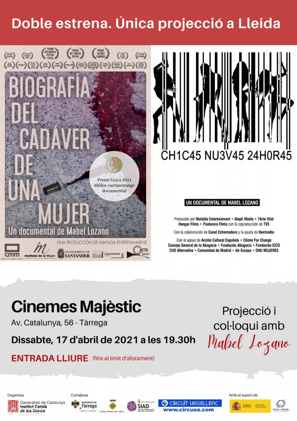 Tàrrega acollirà l’estrena a Lleida del curtmetratge documental de Mabel Lozano premiat amb un Goya i que denuncia l’explotació sexual de les dones