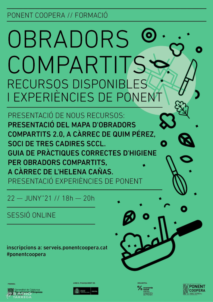 Ponent Coopera organitza el proper dimarts 22 juny una jornada online sobre obradors compartits