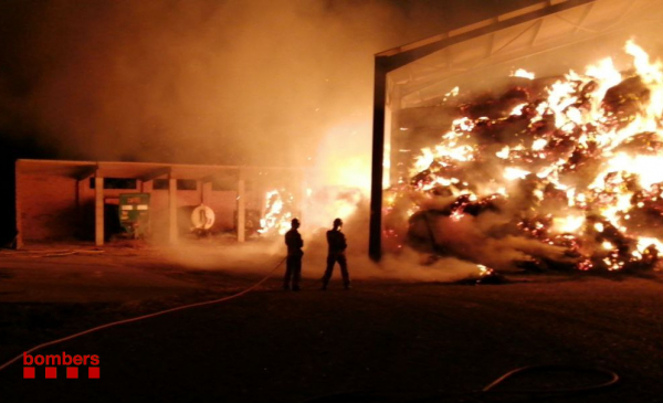 Sis dotacions dels Bombers treballen en l'extinció d'un incendi en un paller al municipi de Tàrrega