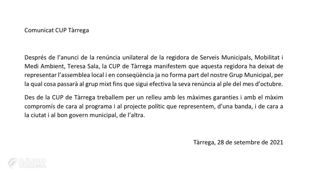 La CUP comunica que la Regidora Teresa Sala "ja no forma part" del seu Grup Municipal a l'Ajuntament de Tàrrega