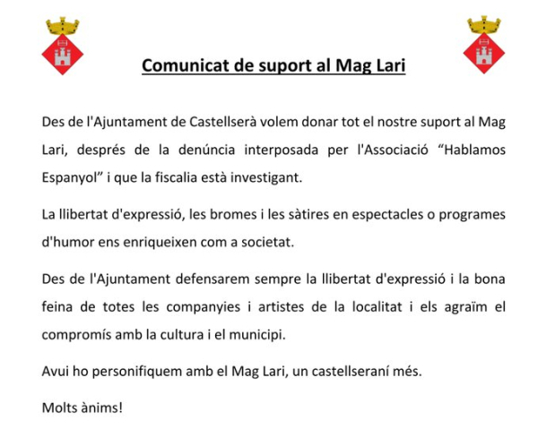 L'Ajuntament de Castellserà dona suport al Mag Lari després de la investigació iniciada per la fiscalia