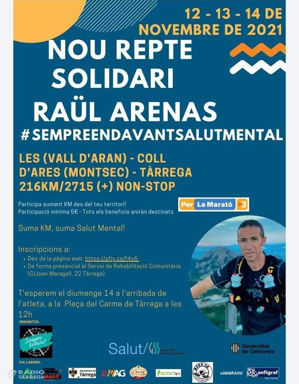 L'atleta targarí Raül Arenas fa el cinquè repte solidari "Sempre endavant" a benefici de La Marató de TV3, dedicada a la salut mental