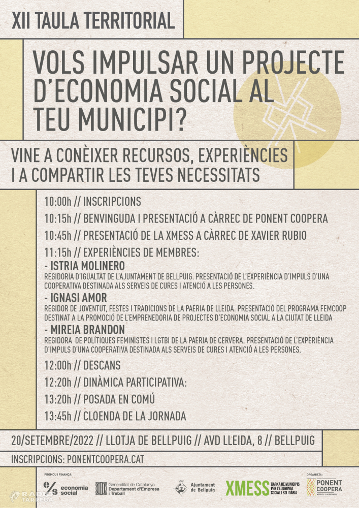 Ponent Coopera organitza una jornada per promoure nous projectes d’Economia Social i Solidària amb les administracions locals