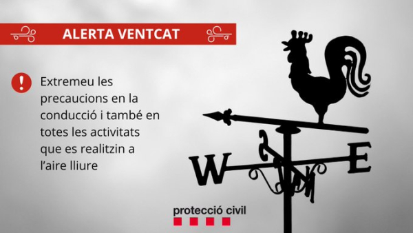 Protecció Civil de la Generalitat activa l'Alerta del pla VENTCAT per la previsió de fort vent a partir de la mitjanit