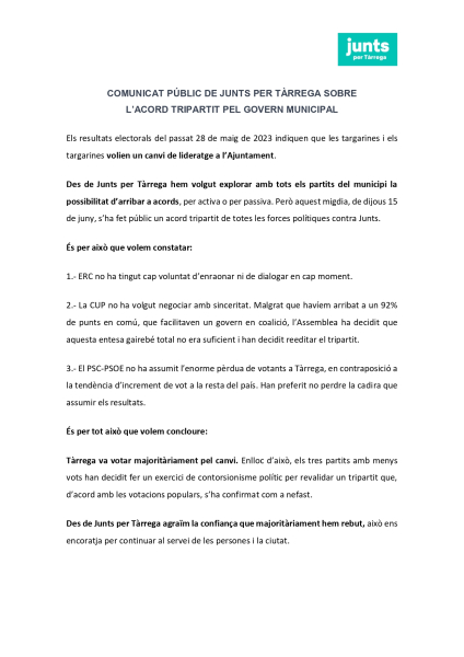 Comunicat de Junts per Tàrrega després de fer-se públic l'acord entre ERC, CUP i PSC per formar govern