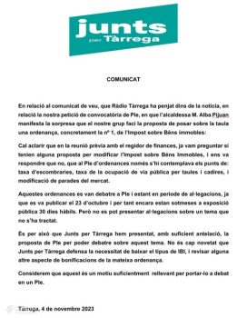 Comunicat de Junts per Tàrrega