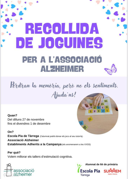 Comença la campanya de recollida de joguines impulsada per l'Associació Alzheimer de Tàrrega i Comarca i els alumnes de 6è de l'Escola Pia