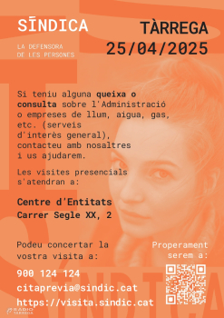 Atenció telemàtica i presencial de la Síndica de Greuges a Tàrrega el divendres 25 d'abril