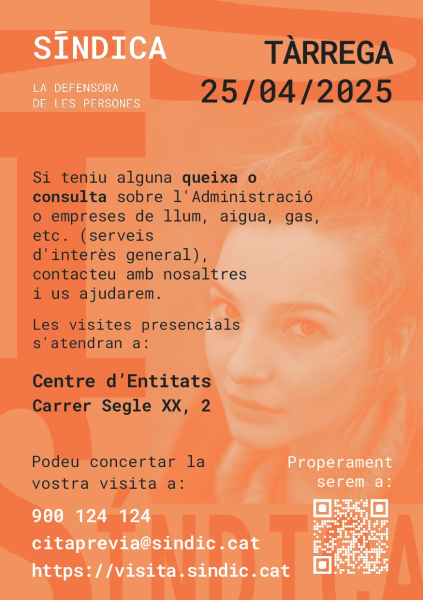 Atenció telemàtica i presencial de la Síndica de Greuges a Tàrrega el divendres 25 d'abril