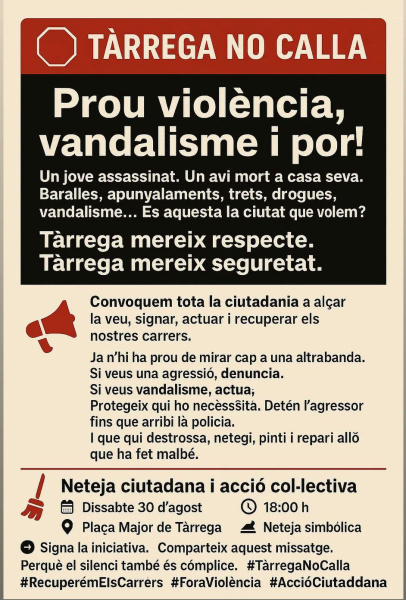 Un grup de veïns de Tàrrega impulsa una recollida de signatures i convoca una acció ciutadana per reclamar més seguretat