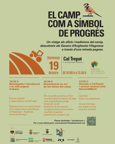 L’Associació d’Espais Naturals de Ponent, en col·laboració amb els ajuntaments d’Anglesola, Vilagrassa i Tàrrega, organitza l’activitat 'El camp com a símbol de progrés'