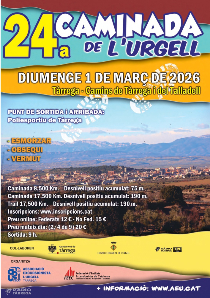 Tàrrega acollirà la 24a edició de la Caminada de l'Urgell el proper 1 de març