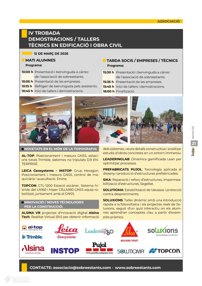 L’Associació de Sobreestants organitza a Tàrrega la IV Trobada de la Família de Projectes d’Edificació i Obra Civil de Catalunya