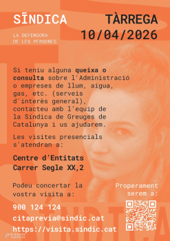 Atenció presencial i telemàtica de la Síndica de Greuges a Tàrrega el divendres 10 d'abril
