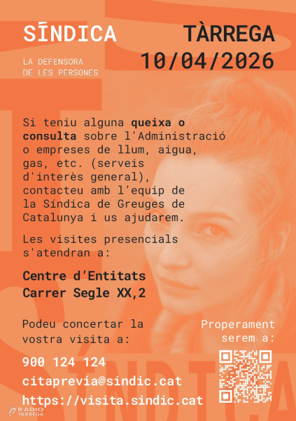 Atenció presencial i telemàtica de la Síndica de Greuges a Tàrrega el divendres 10 d'abril