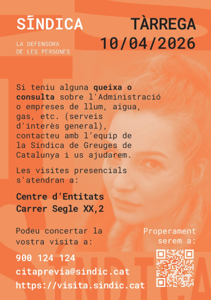 Atenció presencial i telemàtica de la Síndica de Greuges a Tàrrega el divendres 10 d'abril