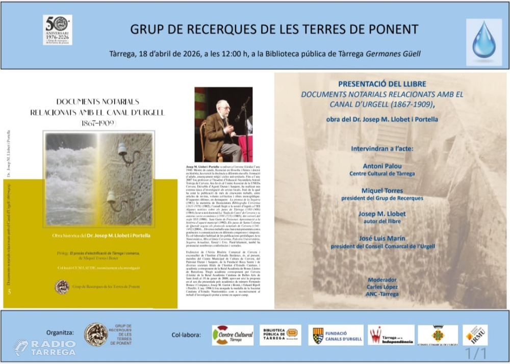 Tàrrega acollirà la presentació del llibre 'Documents notarials relacionats amb el Canal d’Urgell' del Dr. Josep M. Llobet i Portella
