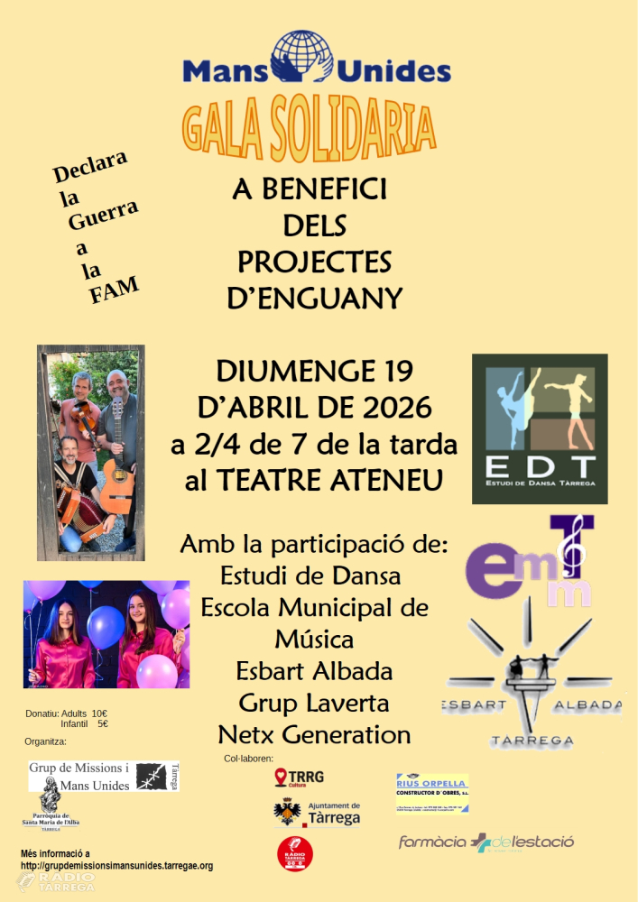 El Teatre Ateneu acollirà la gala solidària de Mans Unides de Tàrrega
