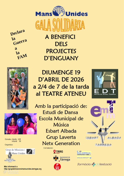 El Teatre Ateneu acollirà la gala solidària de Mans Unides de Tàrrega