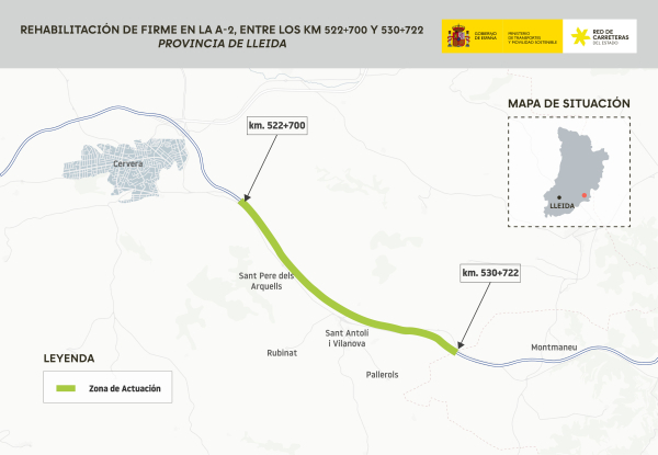 Transports adjudica per 12,34 MEUR les obres de rehabilitació del ferm de l'A-2 entre Cervera i la Panadella
