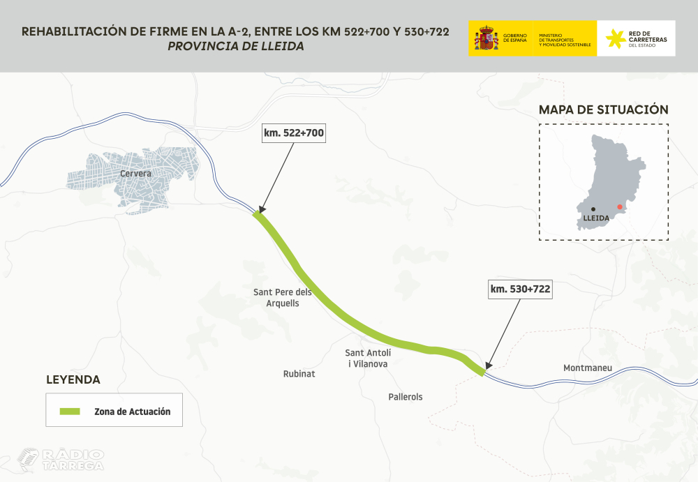Transports adjudica per 12,34 MEUR les obres de rehabilitació del ferm de l'A-2 entre Cervera i la Panadella