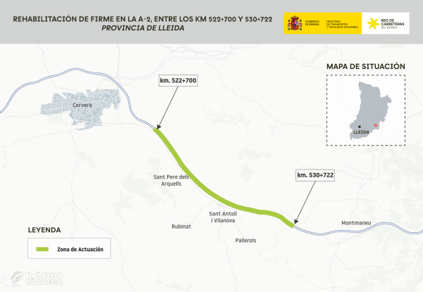 Transports adjudica per 12,34 MEUR les obres de rehabilitació del ferm de l'A-2 entre Cervera i la Panadella