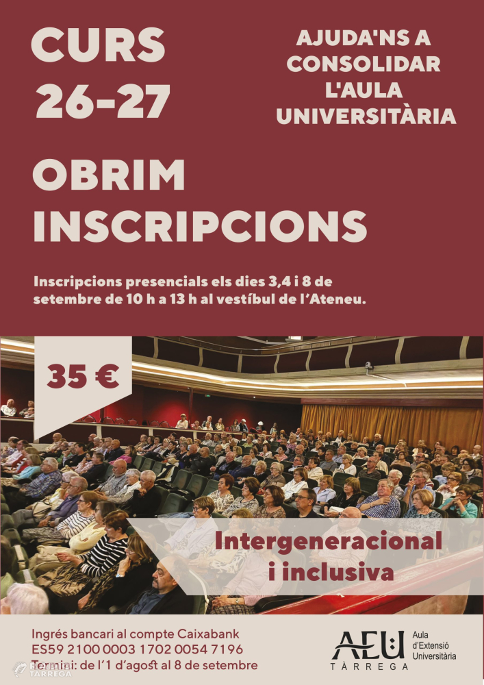 L'Aula d'Extensió Universitària de Tàrrega obre inscripcions per al nou curs amb un programa de conferències i activitats culturals