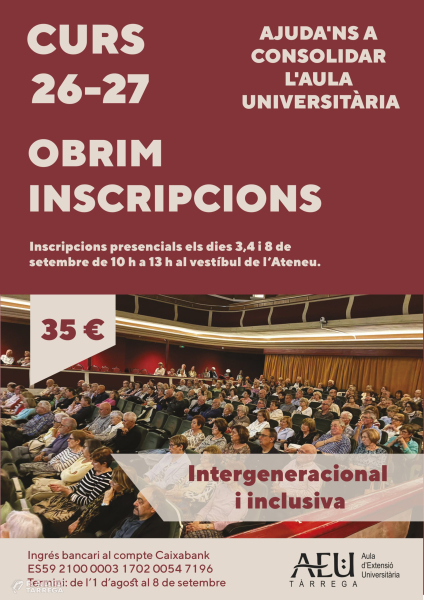 L'Aula d'Extensió Universitària de Tàrrega obre inscripcions per al nou curs amb un programa de conferències i activitats culturals