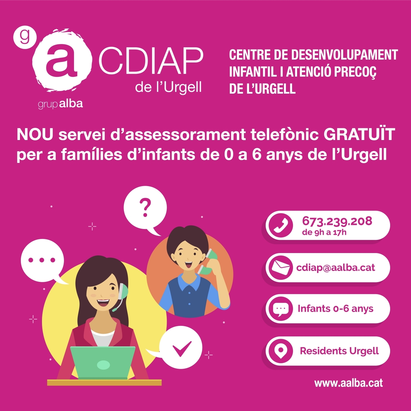 El CDIAP del del Grup Alba ofereix suport telefònic gratuït a les famílies amb infants de 0 a 6 anys de l'Urgell.