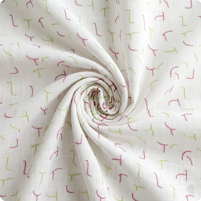 Tela Visillo lino blanco formas verde y rosa