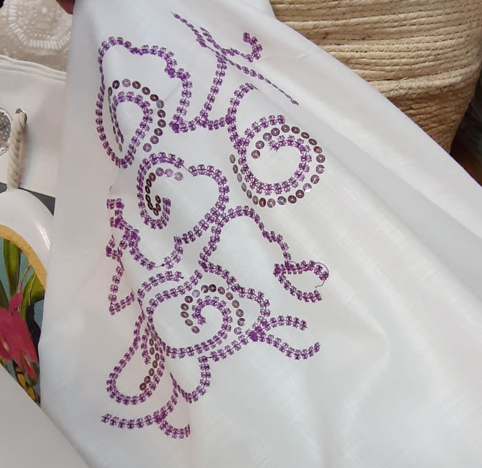 Tela Visillo lino lentejuelas malva - 1