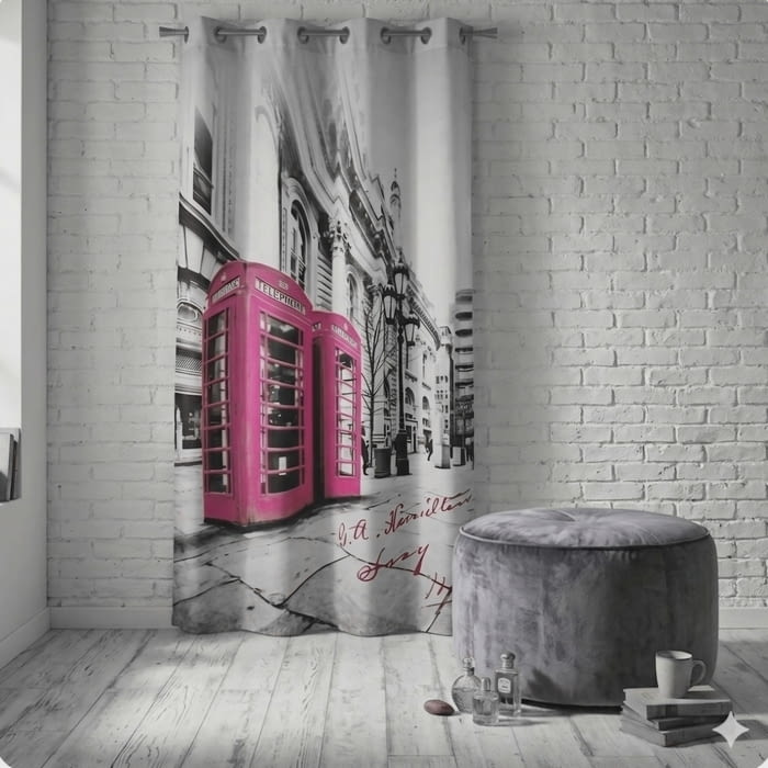 Visillo gris con Cabina fucsia