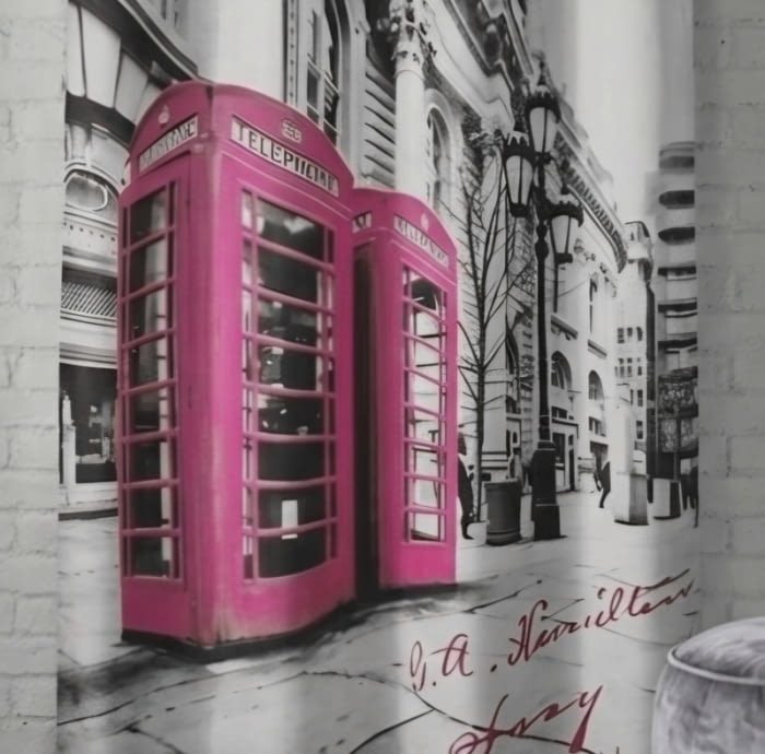 Visillo gris con Cabina fucsia - 1