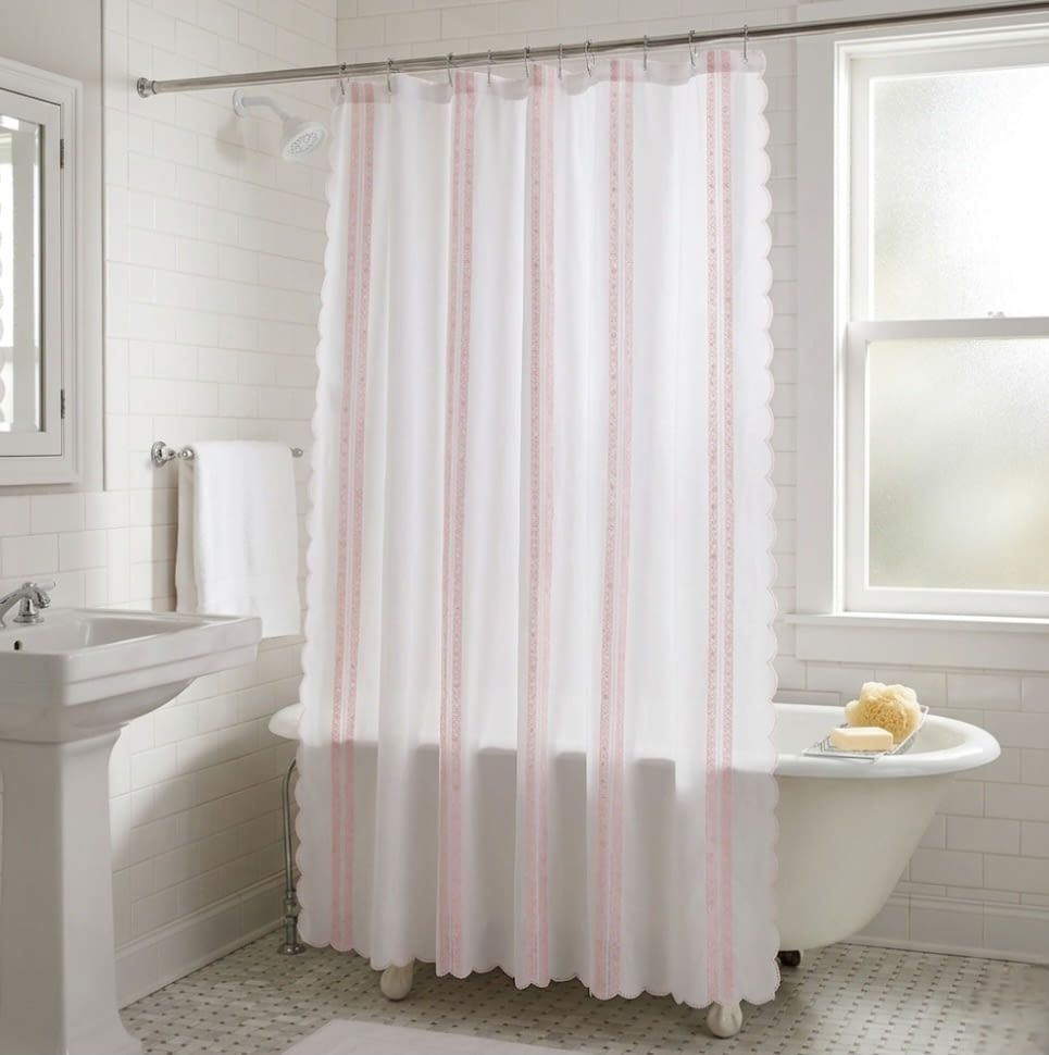 Cortina de baño blanca rayas rosa y oro